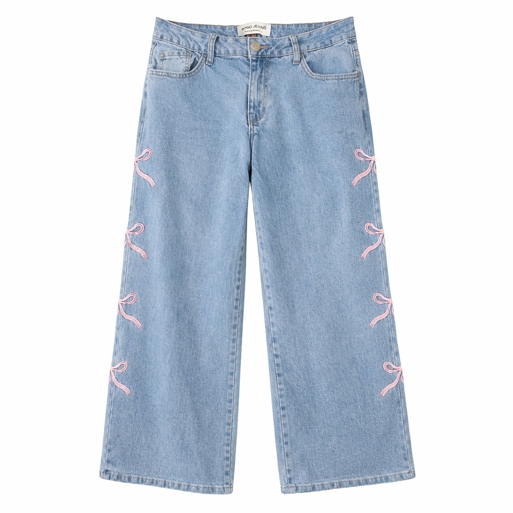Sale!Y2K Wide Leg Ribbon Bow Embroidered Jeans GOGO Denim Size 7/28 Pink